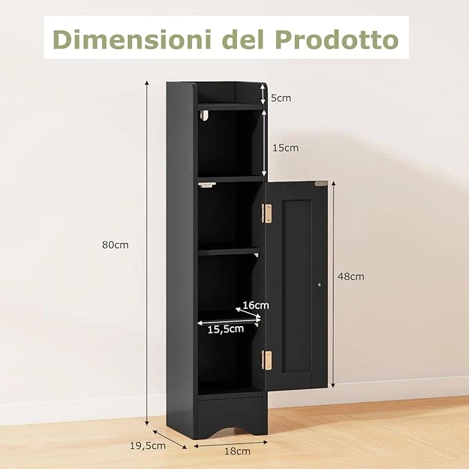 Mobiletto per Bagno Piccolo, Armadietto Salvaspazio da Terra Angolare con Porta e Ripiani Regolabili, Porta Carta Igienica Stretto, Mobiletto per Soggiorno, Cucina e Ingresso (Nero) - Image 3