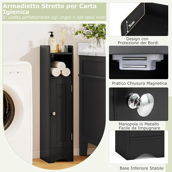 Mobiletto per Bagno Piccolo, Armadietto Salvaspazio da Terra Angolare con Porta e Ripiani Regolabili, Porta Carta Igienica Stretto, Mobiletto per Soggiorno, Cucina e Ingresso (Nero) - Image 4