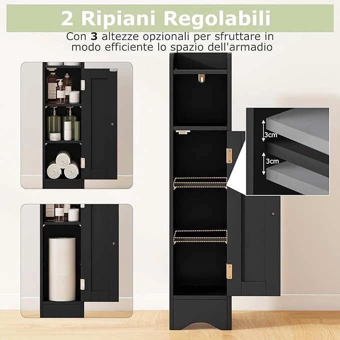 Mobiletto per Bagno Piccolo, Armadietto Salvaspazio da Terra Angolare con Porta e Ripiani Regolabili, Porta Carta Igienica Stretto, Mobiletto per Soggiorno, Cucina e Ingresso (Nero) - Image 5
