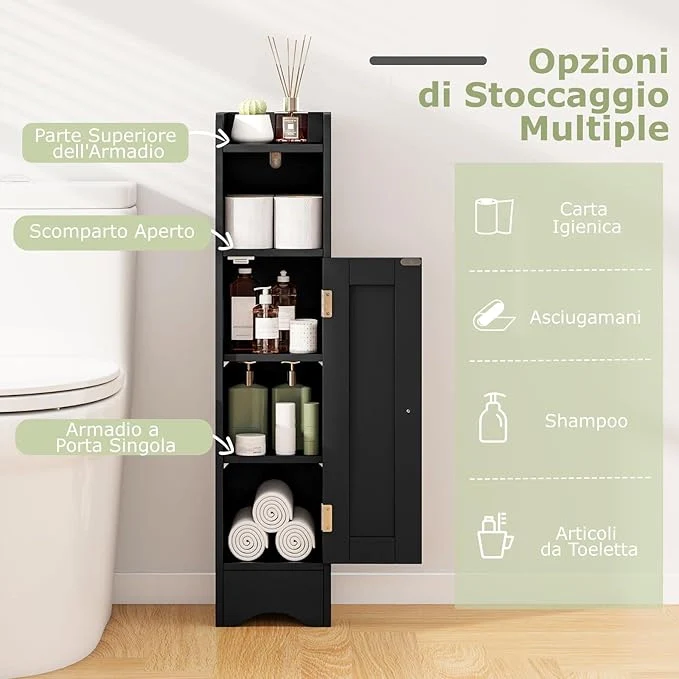 Mobiletto per Bagno Piccolo, Armadietto Salvaspazio da Terra Angolare con Porta e Ripiani Regolabili, Porta Carta Igienica Stretto, Mobiletto per Soggiorno, Cucina e Ingresso (Nero) - Image 6