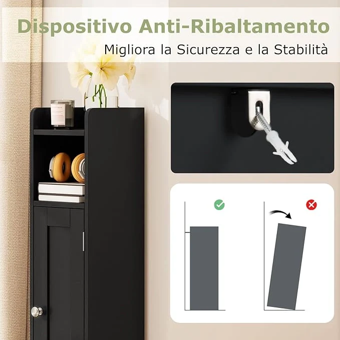 Mobiletto per Bagno Piccolo, Armadietto Salvaspazio da Terra Angolare con Porta e Ripiani Regolabili, Porta Carta Igienica Stretto, Mobiletto per Soggiorno, Cucina e Ingresso (Nero) - Image 7