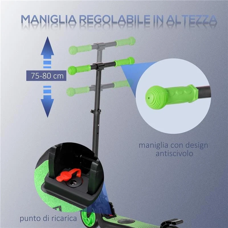 MONOPATTINO ELETTRICO PIEGHEVOLE PER BAMBINI 6+ ANNI AD ALTEZZA REGOLABILE, 71X36.5X75-80 CM, NERO E VERDE - Image 3
