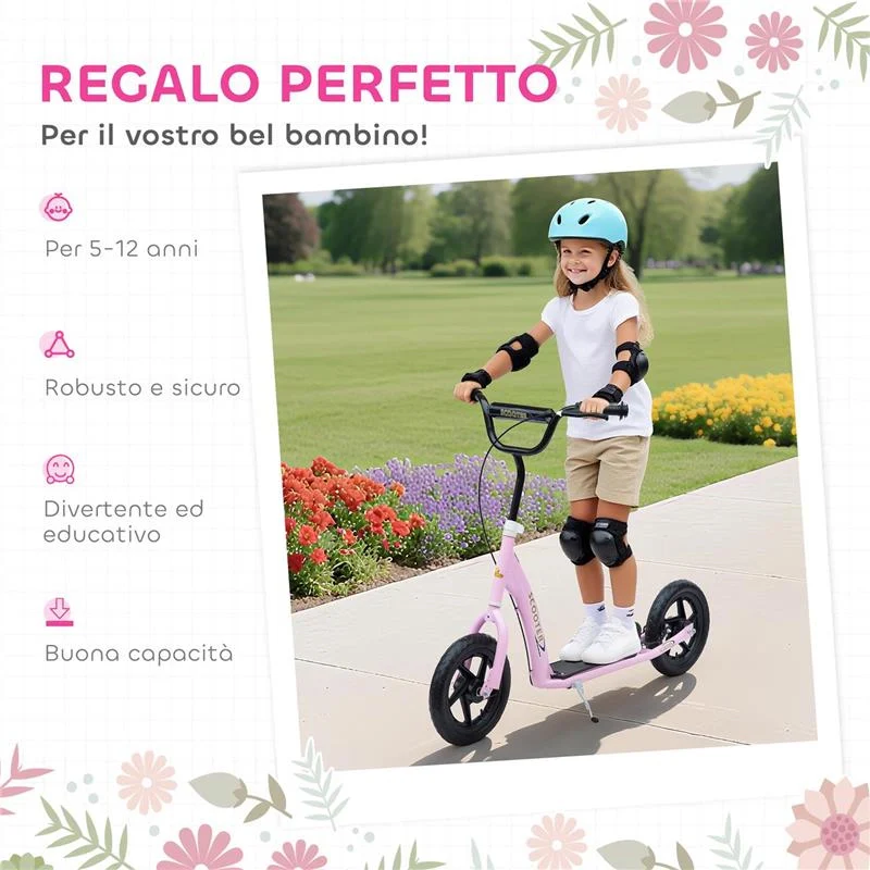 MONOPATTINO PER BAMBINI 5-12 ANNI CON FRENO POSTERIORE E MANUBRIO REGOLABILE, 120X52X80-88 CM, ROSA - Image 7