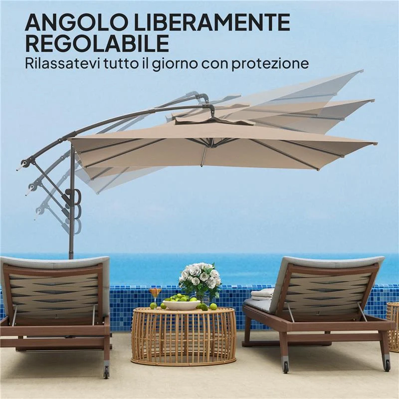 OMBRELLONE A BRACCIO 3X3 M CON COPERTURA REGOLABILE E BASE A CROCE IN METALLO E POLIESTERE COLOR CACHI - Image 8
