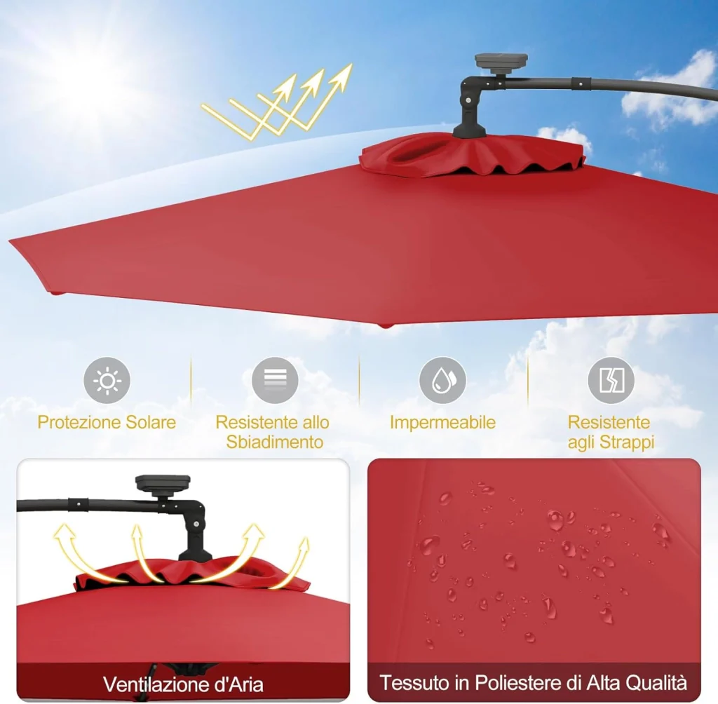 Ombrellone da Giardino ∅300 cm con 32 Luci LED, Ombrellone Prendisole con Rotazione di 360°, Inclinazione Regolabile, 8 Stecche, Manovella, per Giardino Piscina Cortile (Borgogna) - Image 3
