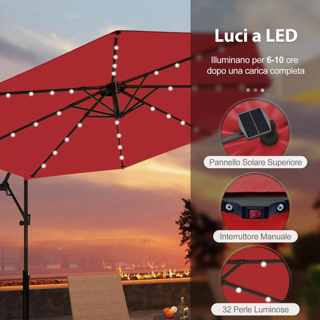 Ombrellone da Giardino ∅300 cm con 32 Luci LED, Ombrellone Prendisole con Rotazione di 360°, Inclinazione Regolabile, 8 Stecche, Manovella, per Giardino Piscina Cortile (Borgogna) - Image 4