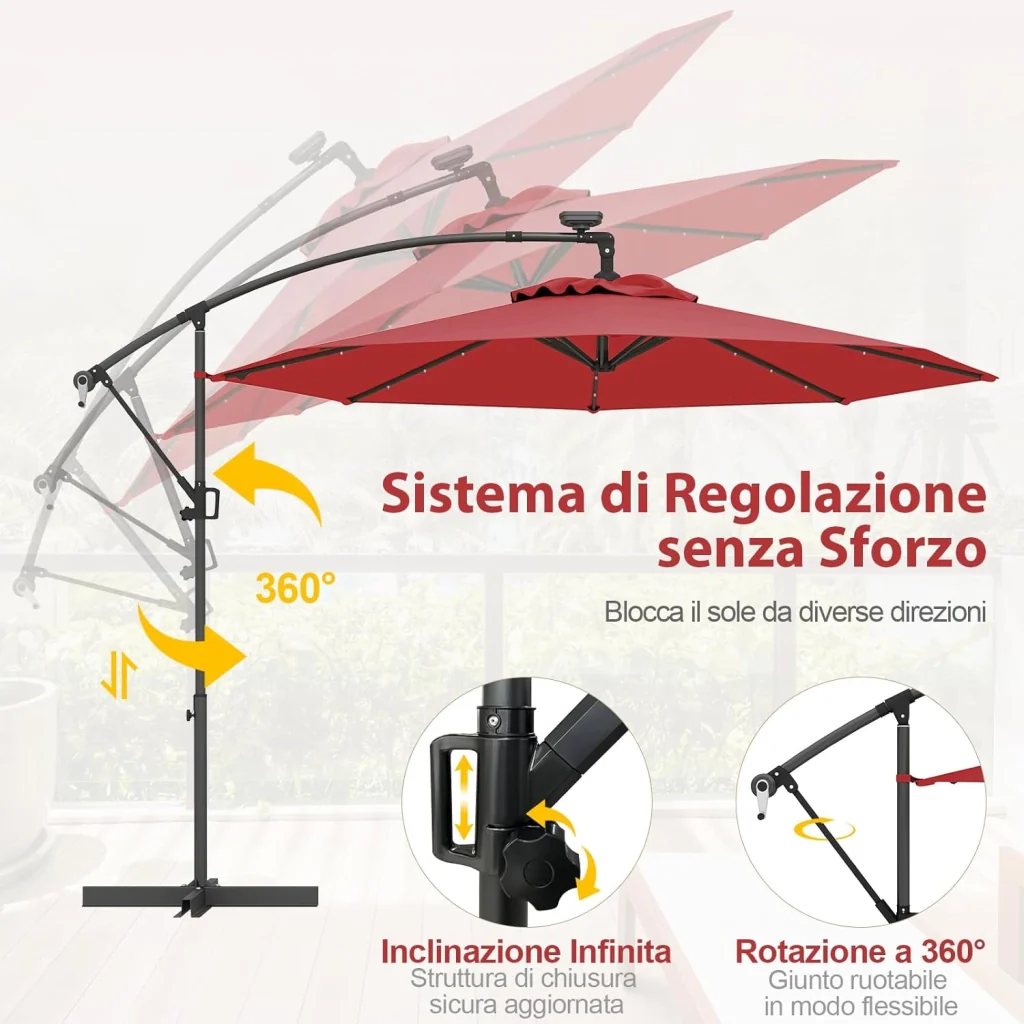 Ombrellone da Giardino ∅300 cm con 32 Luci LED, Ombrellone Prendisole con Rotazione di 360°, Inclinazione Regolabile, 8 Stecche, Manovella, per Giardino Piscina Cortile (Borgogna) - Image 5