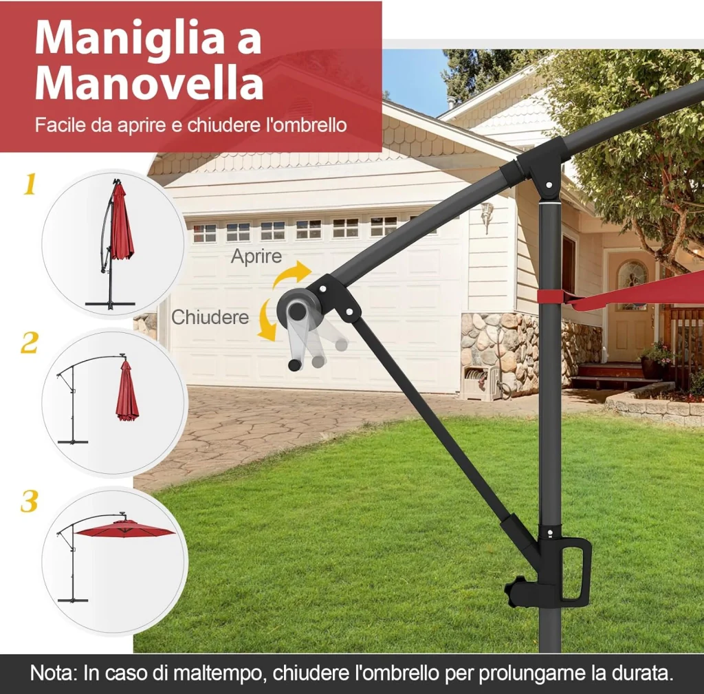 Ombrellone da Giardino ∅300 cm con 32 Luci LED, Ombrellone Prendisole con Rotazione di 360°, Inclinazione Regolabile, 8 Stecche, Manovella, per Giardino Piscina Cortile (Borgogna) - Image 6