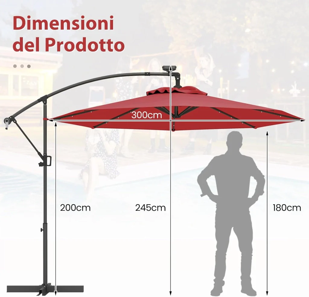 Ombrellone da Giardino ∅300 cm con 32 Luci LED, Ombrellone Prendisole con Rotazione di 360°, Inclinazione Regolabile, 8 Stecche, Manovella, per Giardino Piscina Cortile (Borgogna) - Image 8