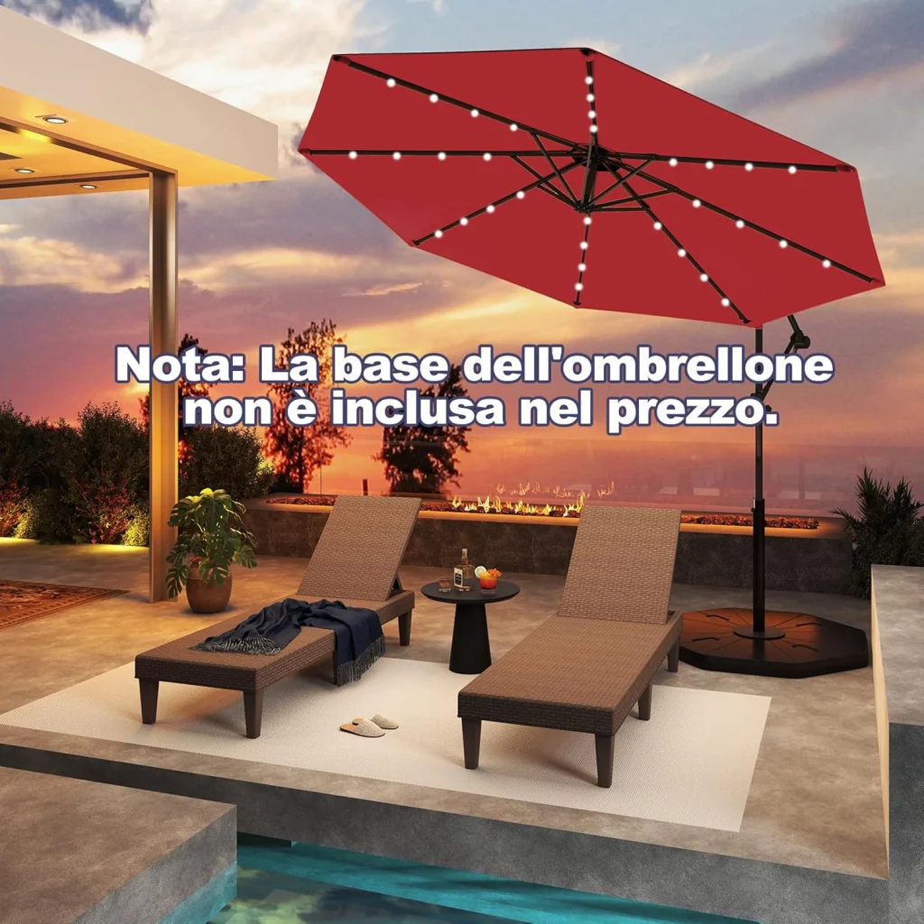 Ombrellone da Giardino ∅300 cm con 32 Luci LED, Ombrellone Prendisole con Rotazione di 360°, Inclinazione Regolabile, 8 Stecche, Manovella, per Giardino Piscina Cortile (Borgogna) - Image 9
