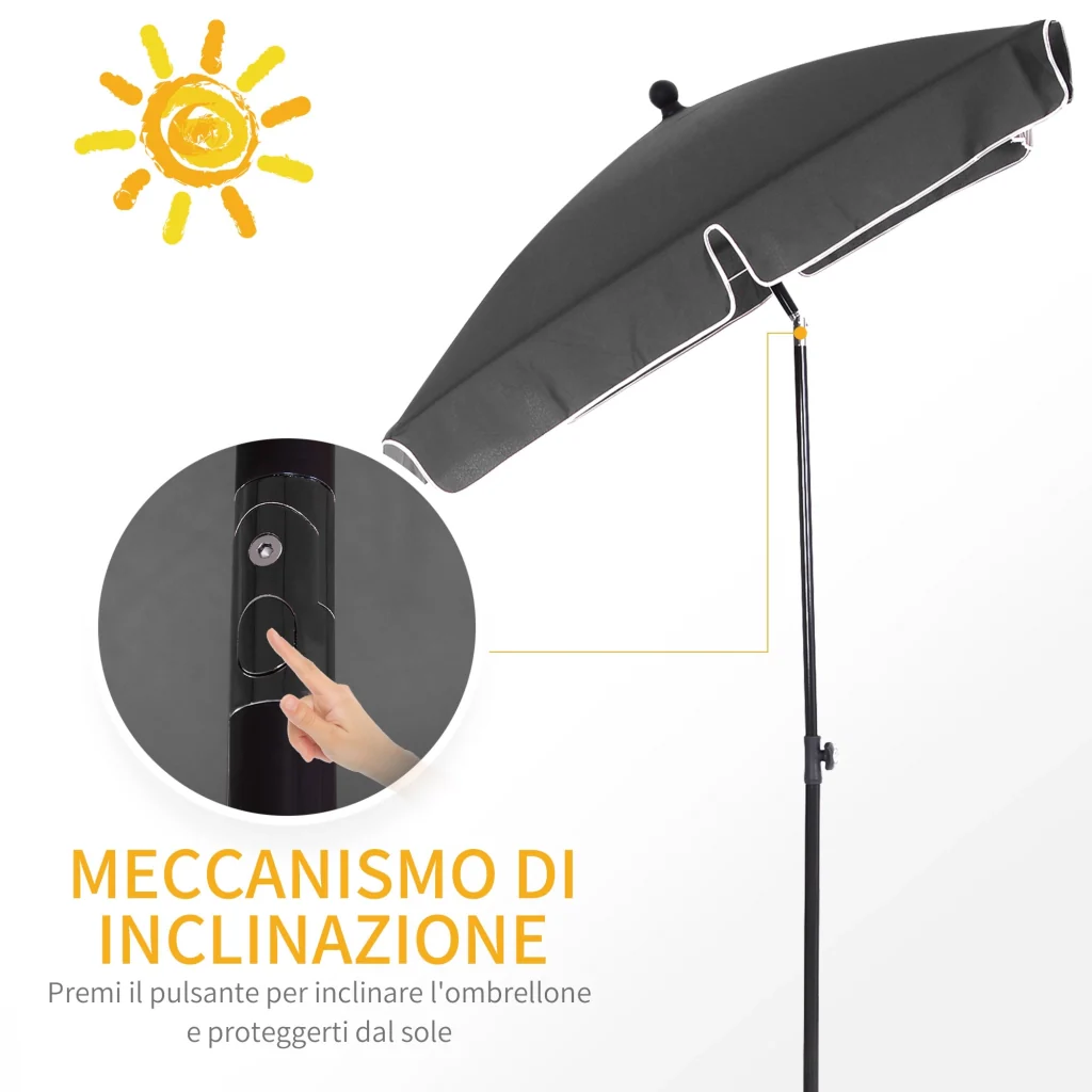 Ombrellone da Giardino 2x1.25 m Palo Ø28 mm in Alluminio Inclinabile Grigio Scuro - Image 4