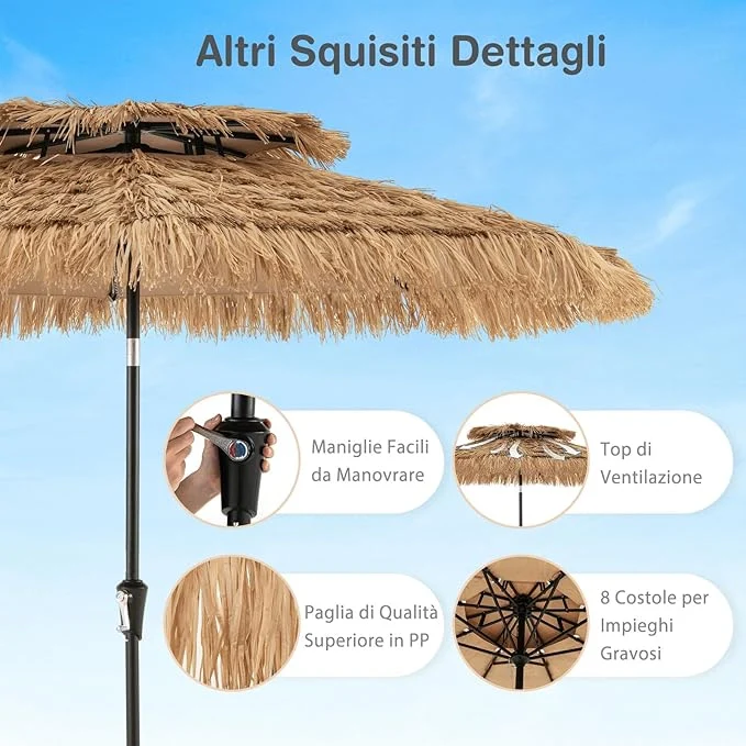 Ombrellone da Spiaggia 270 cm, Ombrellone Hawaiano in Paglia PE con 8 Stecche, Manovella Manuale, Inclinazione Regolabile, Ombrellone Portatile per Spiaggia, Patio - Image 5