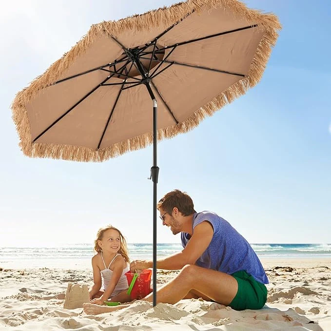 Ombrellone da Spiaggia 270 cm, Ombrellone Hawaiano in Paglia PE con 8 Stecche, Manovella Manuale, Inclinazione Regolabile, Ombrellone Portatile per Spiaggia, Patio - Image 7