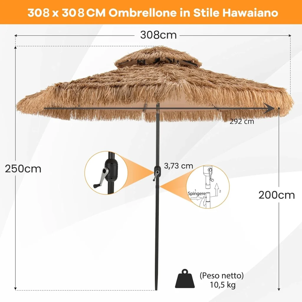 Ombrellone da Spiaggia da 300 cm, Ombrellone Hawaiano con 32 Luci LED, Ombrello da Giardino in Paglia PE, con Manovella e Inclinazione Regolabile, Ombrellone Portatile per Giardino Piscina - Image 3