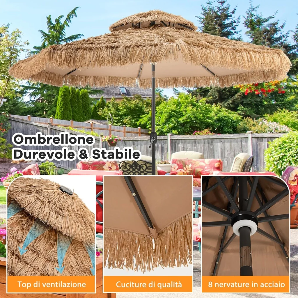 Ombrellone da Spiaggia da 300 cm, Ombrellone Hawaiano con 32 Luci LED, Ombrello da Giardino in Paglia PE, con Manovella e Inclinazione Regolabile, Ombrellone Portatile per Giardino Piscina - Image 4