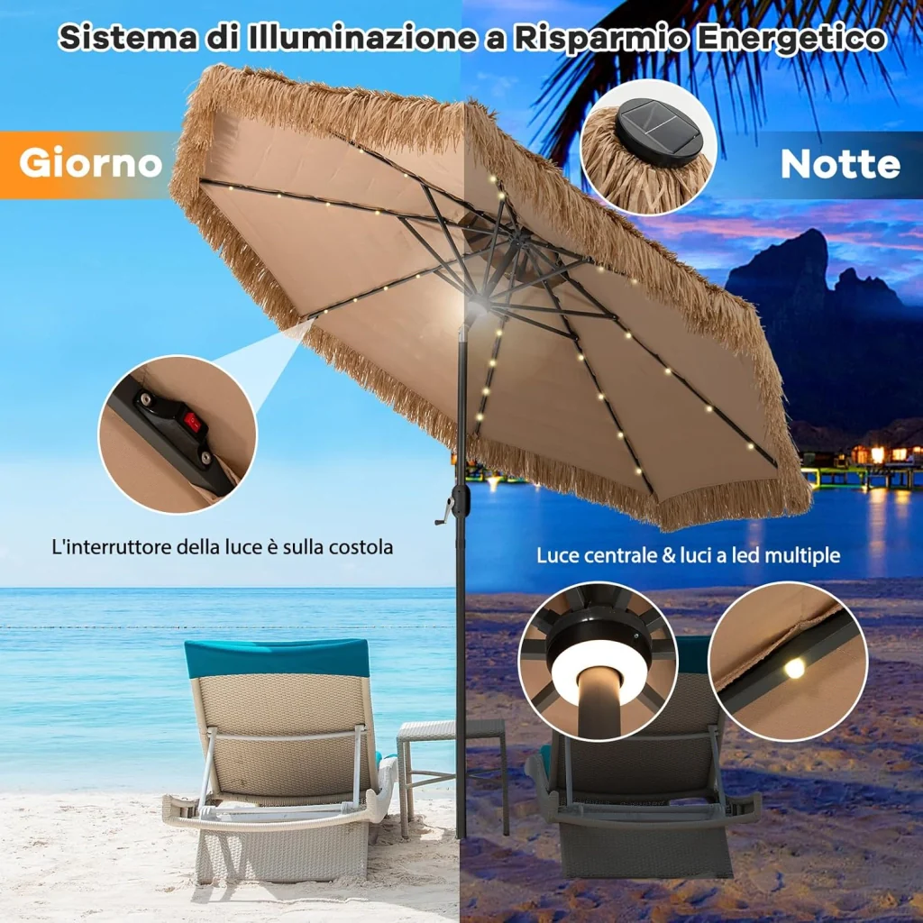 Ombrellone da Spiaggia da 300 cm, Ombrellone Hawaiano con 32 Luci LED, Ombrello da Giardino in Paglia PE, con Manovella e Inclinazione Regolabile, Ombrellone Portatile per Giardino Piscina - Image 5