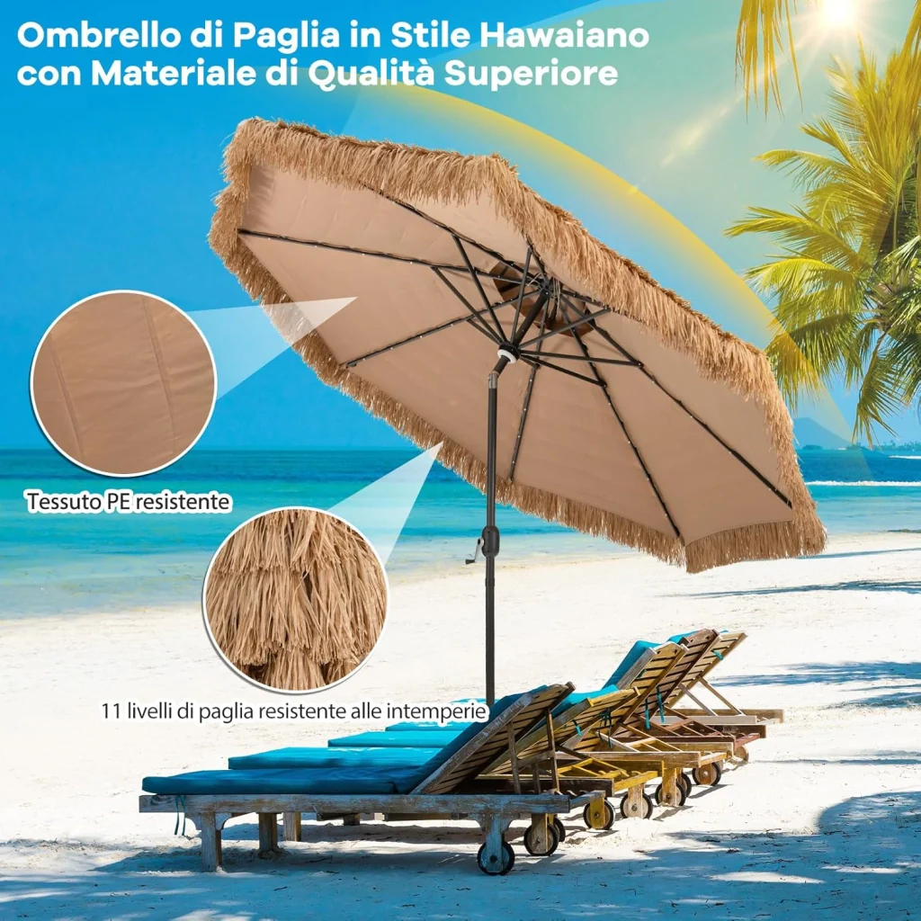 Ombrellone da Spiaggia da 300 cm, Ombrellone Hawaiano con 32 Luci LED, Ombrello da Giardino in Paglia PE, con Manovella e Inclinazione Regolabile, Ombrellone Portatile per Giardino Piscina - Image 7