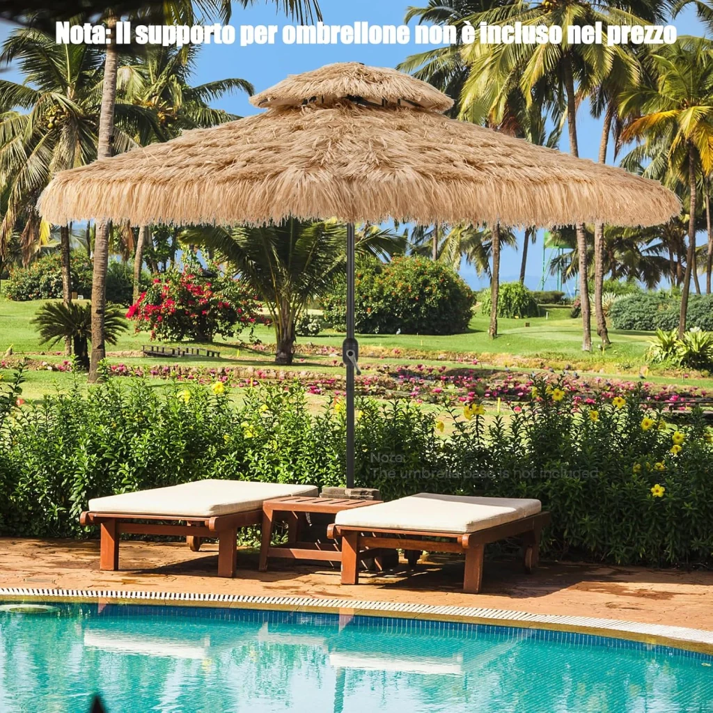 Ombrellone da Spiaggia da 300 cm, Ombrellone Hawaiano con 32 Luci LED, Ombrello da Giardino in Paglia PE, con Manovella e Inclinazione Regolabile, Ombrellone Portatile per Giardino Piscina - Image 8