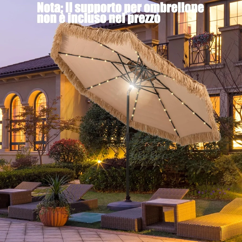 Ombrellone da Spiaggia da 300 cm, Ombrellone Hawaiano con 32 Luci LED, Ombrello da Giardino in Paglia PE, con Manovella e Inclinazione Regolabile, Ombrellone Portatile per Giardino Piscina - Image 9