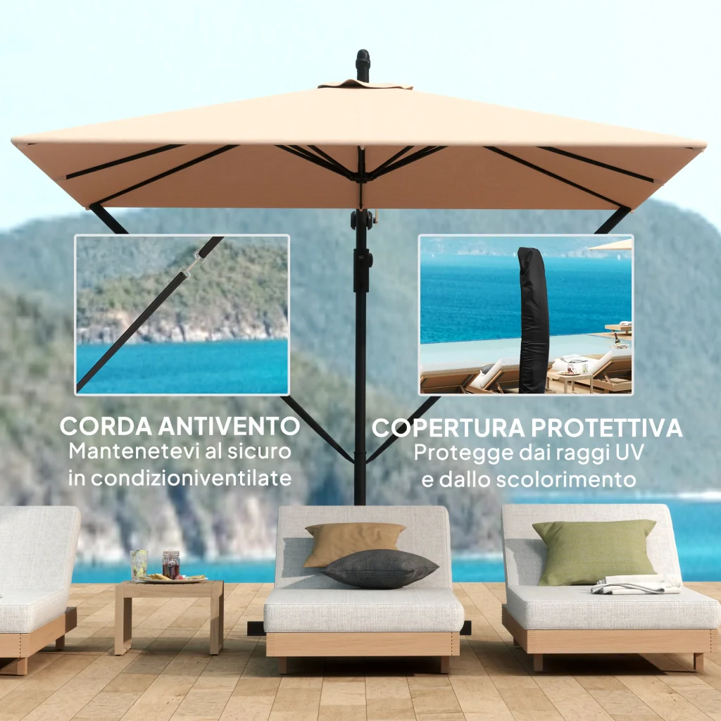 Ombrellone Decentrato 250x250 m con Base a Croce e Manovella in Metallo e Poliestere Cachi - Image 4