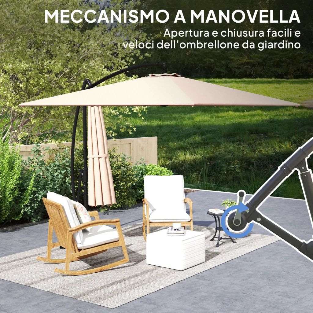 Ombrellone Decentrato 250x250 m con Base a Croce e Manovella in Metallo e Poliestere Cachi - Image 7