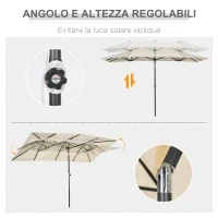Ombrellone Doppio Inclinabile e Regolabile con Cordicella, in Poliestere e Metallo, 150x295x170-214 cm, Crema - Image 4