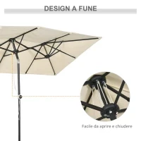 Ombrellone Doppio Inclinabile e Regolabile con Cordicella, in Poliestere e Metallo, 150x295x170-214 cm, Crema - Image 6
