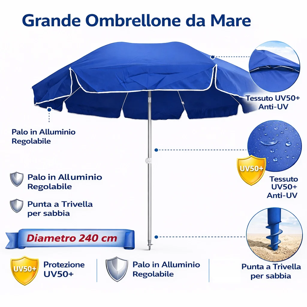 Ombrellone Mare Spiaggia 240 cm Antivento Alluminio UV50+ Inclinabile con Custodia e Trivella - Image 3