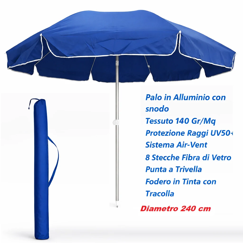Ombrellone Mare Spiaggia 240 cm Antivento Alluminio UV50+ Inclinabile con Custodia e Trivella - Image 4