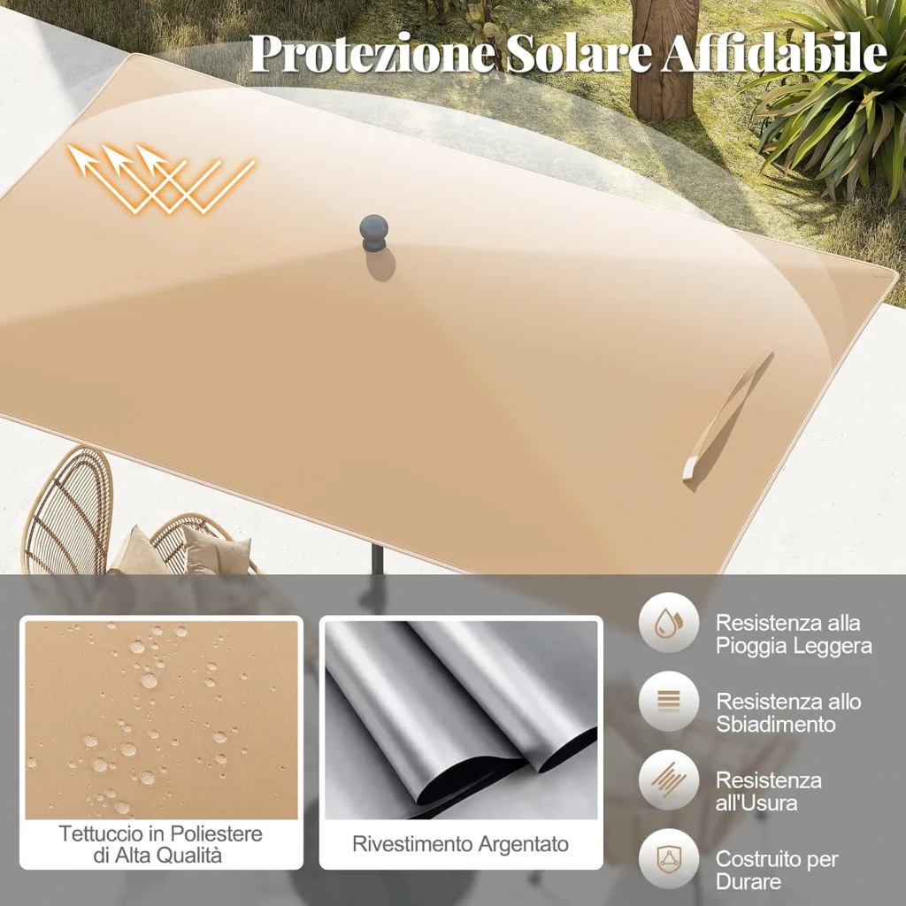 Ombrellone per Patio 213 X 140 cm, Ombrellone Rettangolare da Esterno con Inclinazione Regolabile, Borsa di Trasporto, Parasole Pieghevole per Veranda, Giardino, Piscina, Spiaggia (Beige) - Image 3