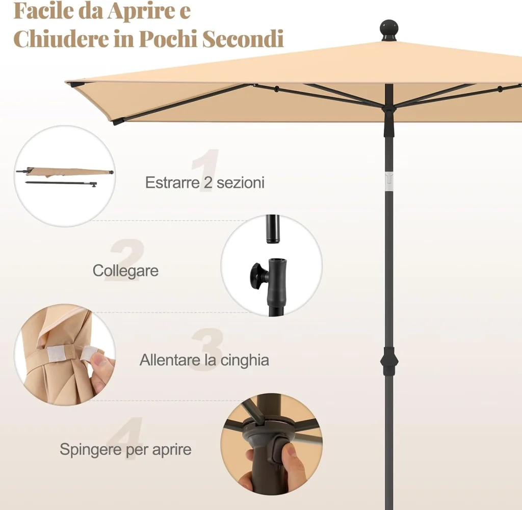 Ombrellone per Patio 213 X 140 cm, Ombrellone Rettangolare da Esterno con Inclinazione Regolabile, Borsa di Trasporto, Parasole Pieghevole per Veranda, Giardino, Piscina, Spiaggia (Beige) - Image 5
