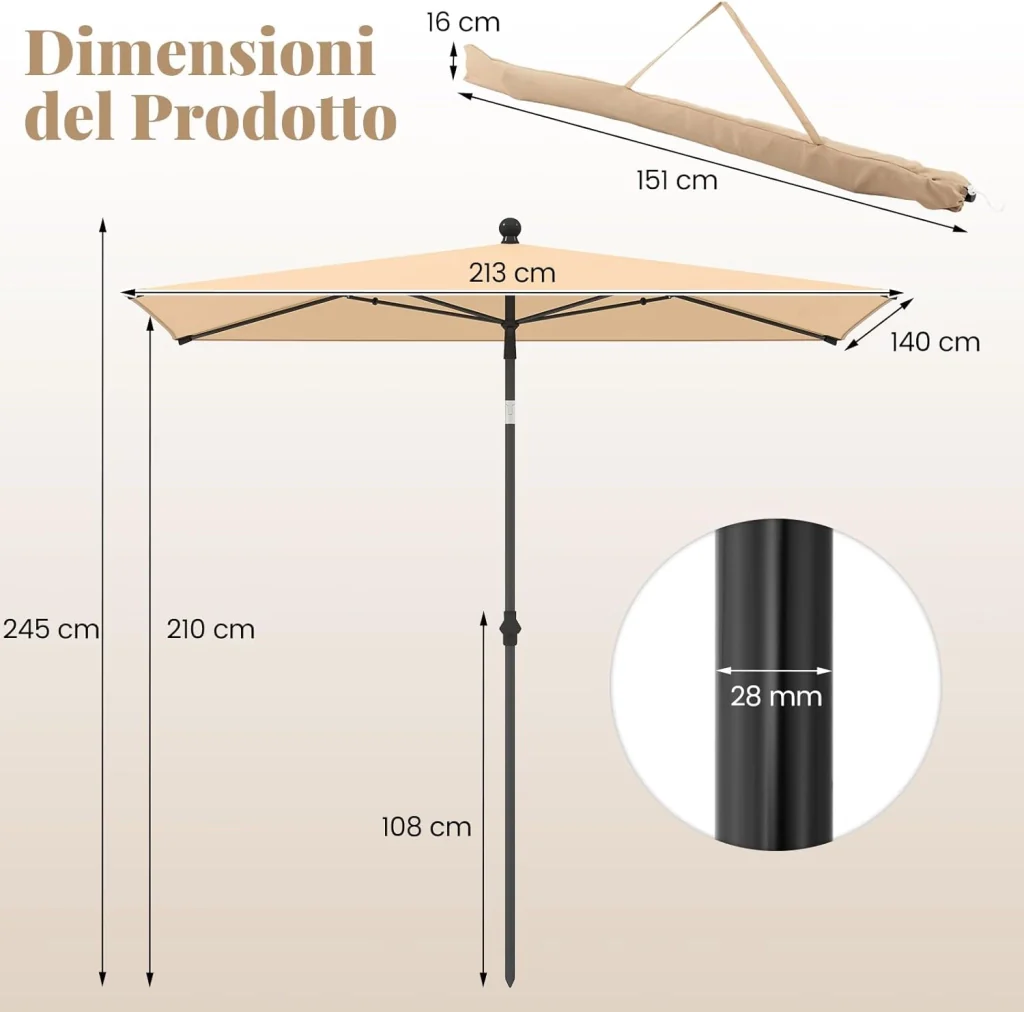Ombrellone per Patio 213 X 140 cm, Ombrellone Rettangolare da Esterno con Inclinazione Regolabile, Borsa di Trasporto, Parasole Pieghevole per Veranda, Giardino, Piscina, Spiaggia (Beige) - Image 7