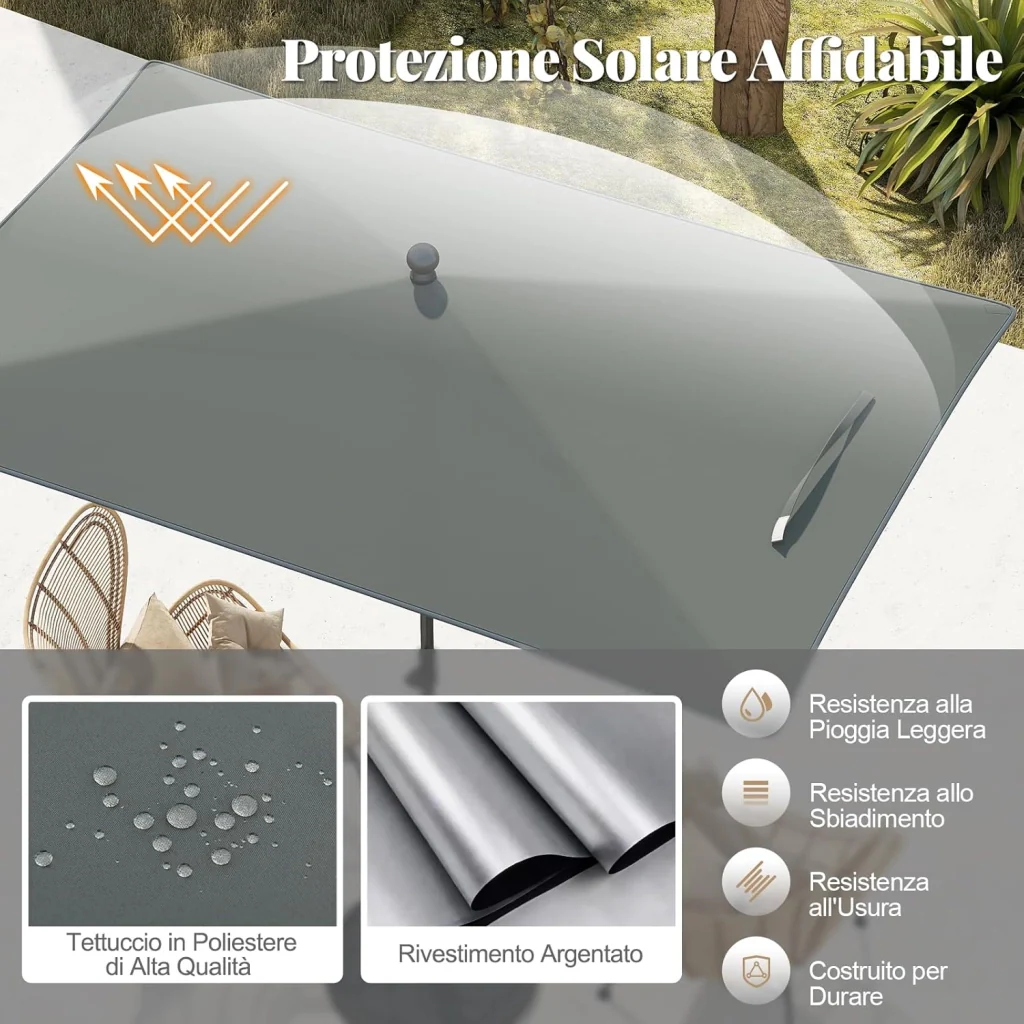 Ombrellone per Patio 213 X 140 cm, Ombrellone Rettangolare da Esterno con Inclinazione Regolabile, Borsa di Trasporto, Parasole Pieghevole per Veranda, Giardino, Piscina, Spiaggia (Grigio) - Image 3