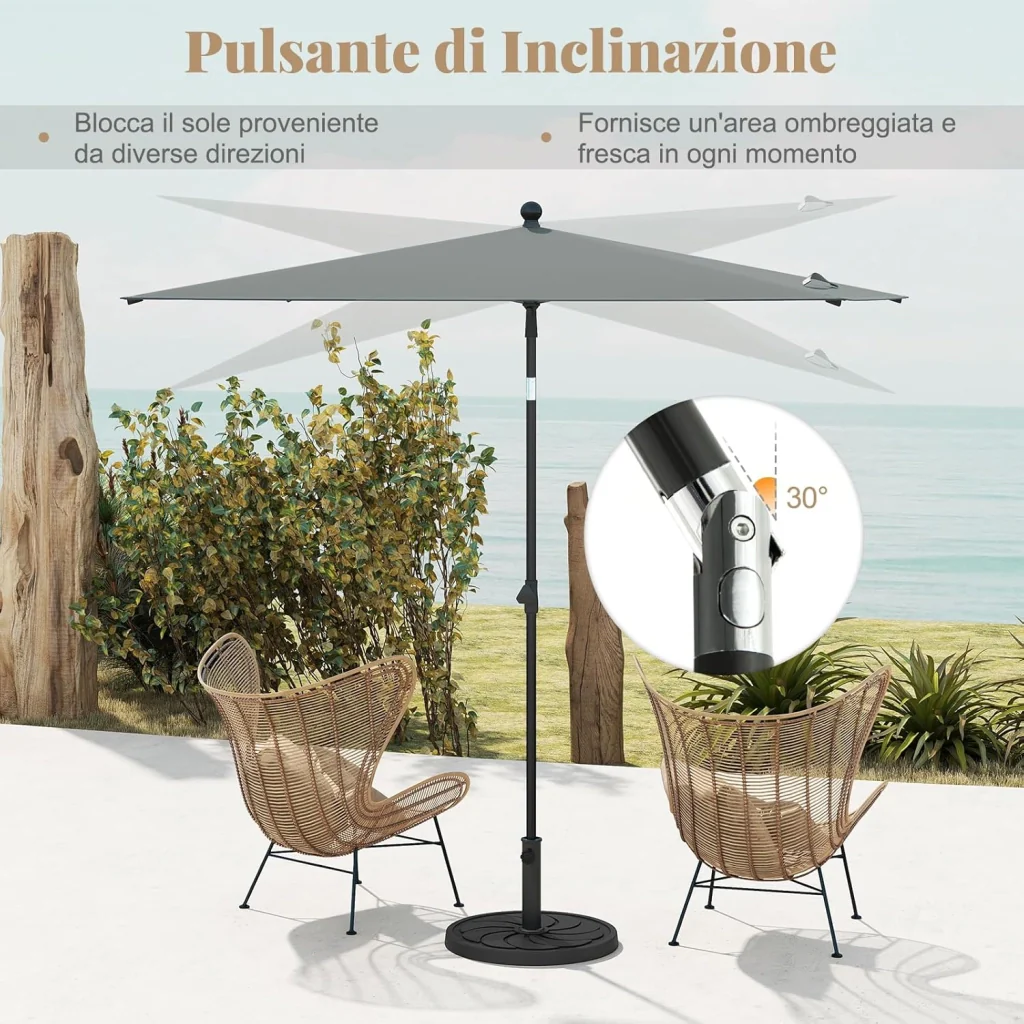 Ombrellone per Patio 213 X 140 cm, Ombrellone Rettangolare da Esterno con Inclinazione Regolabile, Borsa di Trasporto, Parasole Pieghevole per Veranda, Giardino, Piscina, Spiaggia (Grigio) - Image 4