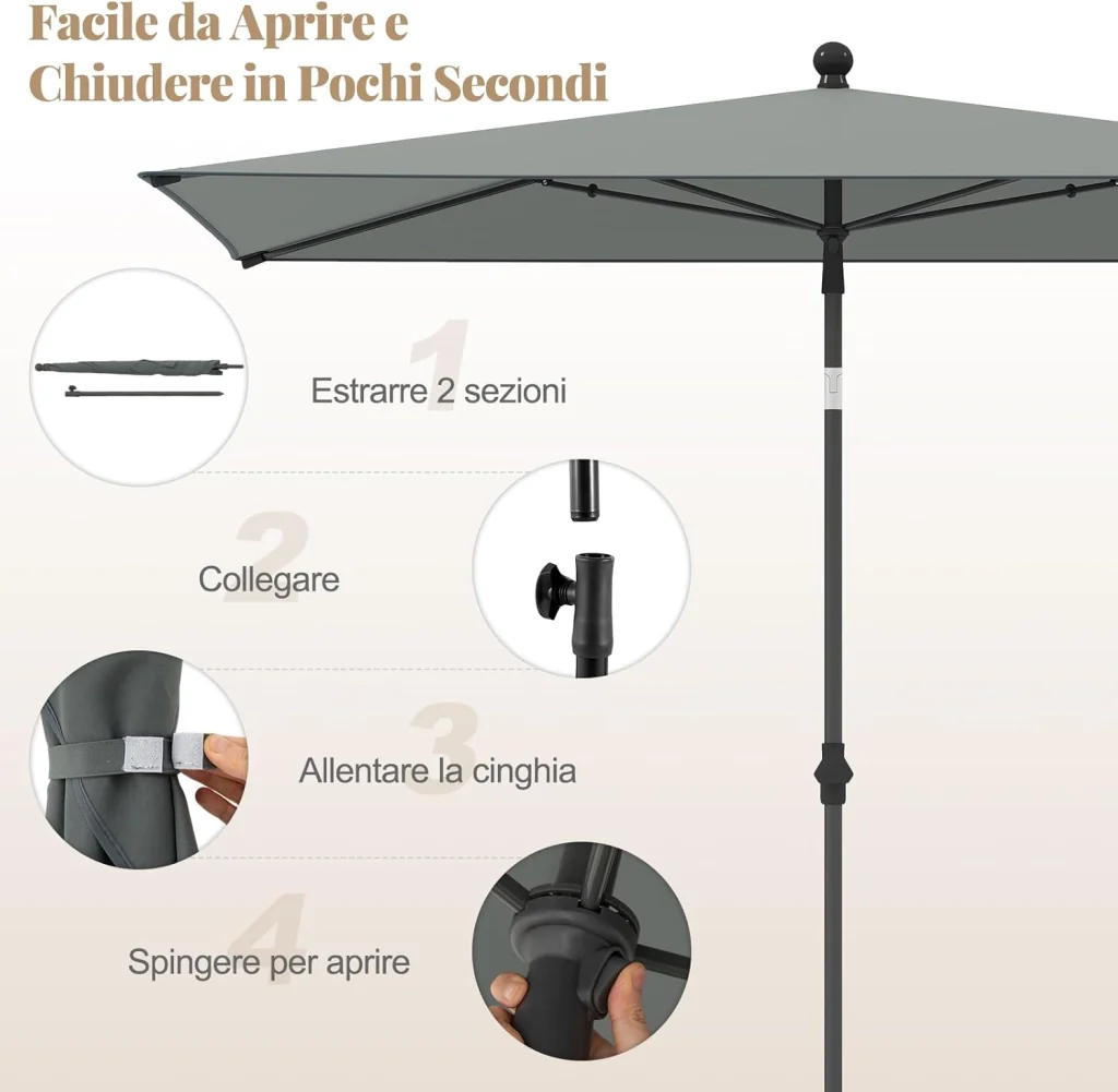 Ombrellone per Patio 213 X 140 cm, Ombrellone Rettangolare da Esterno con Inclinazione Regolabile, Borsa di Trasporto, Parasole Pieghevole per Veranda, Giardino, Piscina, Spiaggia (Grigio) - Image 5