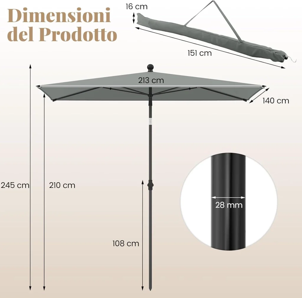 Ombrellone per Patio 213 X 140 cm, Ombrellone Rettangolare da Esterno con Inclinazione Regolabile, Borsa di Trasporto, Parasole Pieghevole per Veranda, Giardino, Piscina, Spiaggia (Grigio) - Image 7