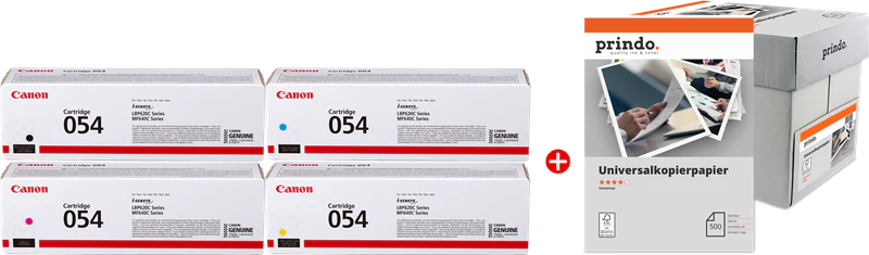 ORIGINAL Canon Value Pack nero / ciano / magenta / giallo 054 MCVP + Prindo Universal Papier 2500 Blatt ~5100 Seiten
