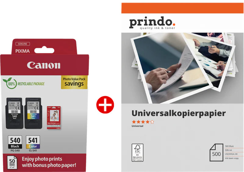ORIGINAL Canon Value Pack nero / differenti colori / Bianco / Bianco PG-540+CL-541 MCVP + Prindo Universal Papier 500 Blatt ~360 Seiten