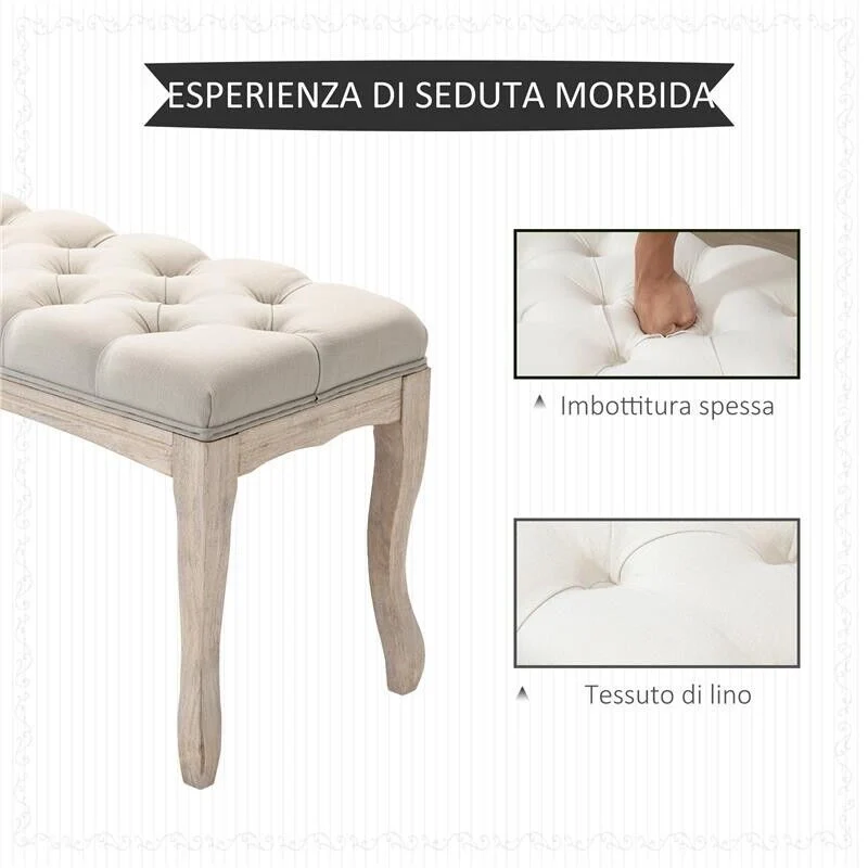 PANCA FONDOLETTO VINTAGE CON SEDUTA IMBOTTITA IN TESSUTO E GAMBE IN LEGNO, 110X40X48CM, BEIGE - Image 3