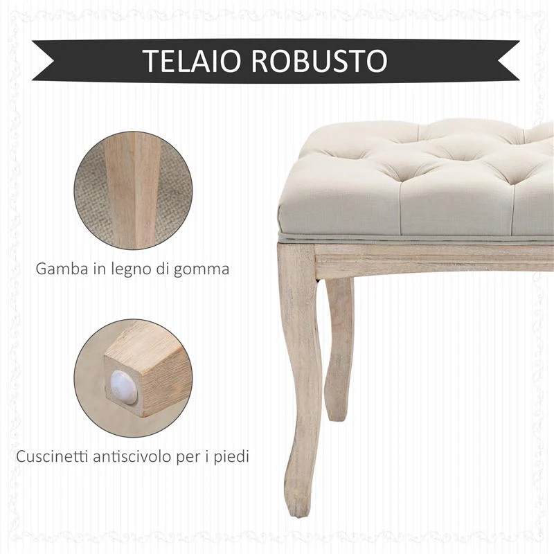 PANCA FONDOLETTO VINTAGE CON SEDUTA IMBOTTITA IN TESSUTO E GAMBE IN LEGNO, 110X40X48CM, BEIGE - Image 5