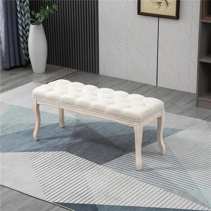 PANCA FONDOLETTO VINTAGE CON SEDUTA IMBOTTITA IN TESSUTO E GAMBE IN LEGNO, 110X40X48CM, BEIGE - Image 7