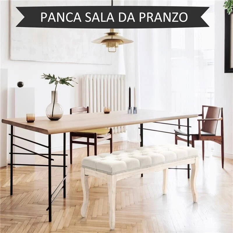 PANCA FONDOLETTO VINTAGE CON SEDUTA IMBOTTITA IN TESSUTO E GAMBE IN LEGNO, 110X40X48CM, BEIGE - Image 8
