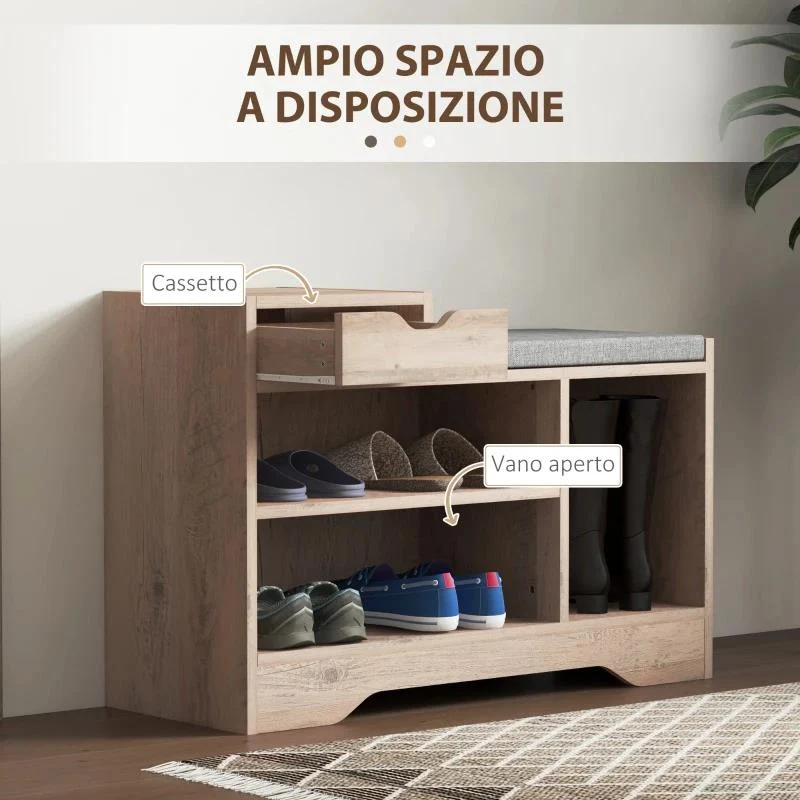 PANCA SCARPIERA MODERNA CON 3 RIPIANI APERTI E CASSETTI, IN LEGNO, POLIESTERE E SPUGNA, 76.5X30X52 CM, GRIGIO - Image 4