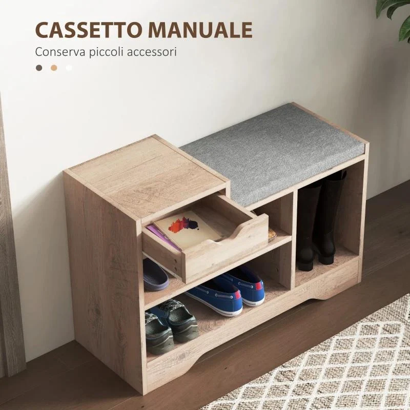 PANCA SCARPIERA MODERNA CON 3 RIPIANI APERTI E CASSETTI, IN LEGNO, POLIESTERE E SPUGNA, 76.5X30X52 CM, GRIGIO - Image 5