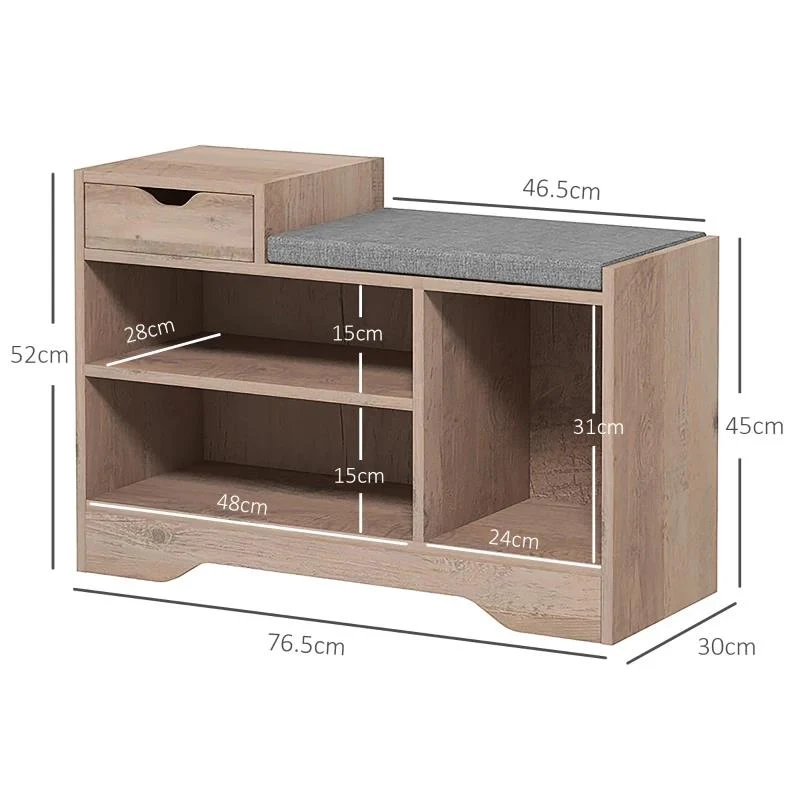 PANCA SCARPIERA MODERNA CON 3 RIPIANI APERTI E CASSETTI, IN LEGNO, POLIESTERE E SPUGNA, 76.5X30X52 CM, GRIGIO - Image 7