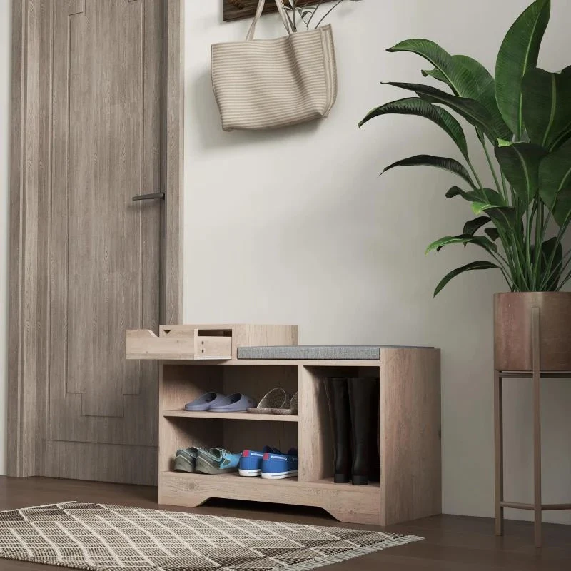 PANCA SCARPIERA MODERNA CON 3 RIPIANI APERTI E CASSETTI, IN LEGNO, POLIESTERE E SPUGNA, 76.5X30X52 CM, GRIGIO - Image 8