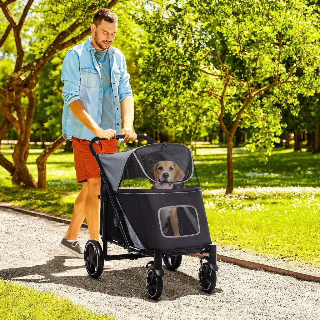 Passeggino per Cani Taglia Media e Grande 112x65x100 cm Pieghevole con Ingressi a Cerniera Grigio Scuro e Nero - Image 2