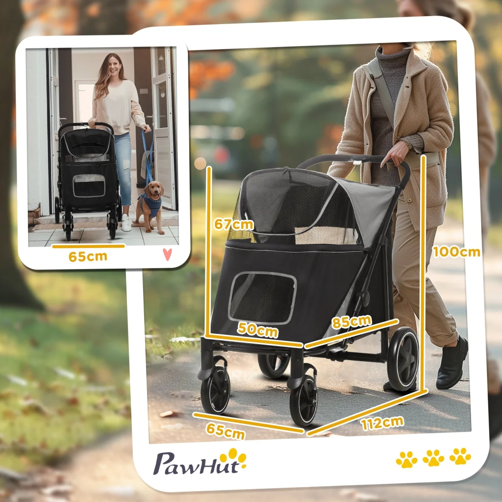 Passeggino per Cani Taglia Media e Grande 112x65x100 cm Pieghevole con Ingressi a Cerniera Grigio Scuro e Nero - Image 3