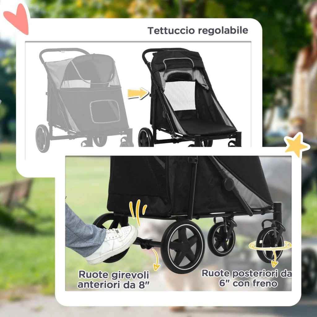 Passeggino per Cani Taglia Media e Grande 112x65x100 cm Pieghevole con Ingressi a Cerniera Grigio Scuro e Nero - Image 6