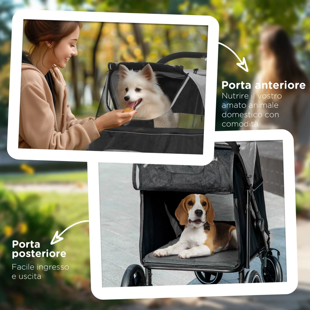Passeggino per Cani Taglia Media e Grande 112x65x100 cm Pieghevole con Ingressi a Cerniera Grigio Scuro e Nero - Image 7